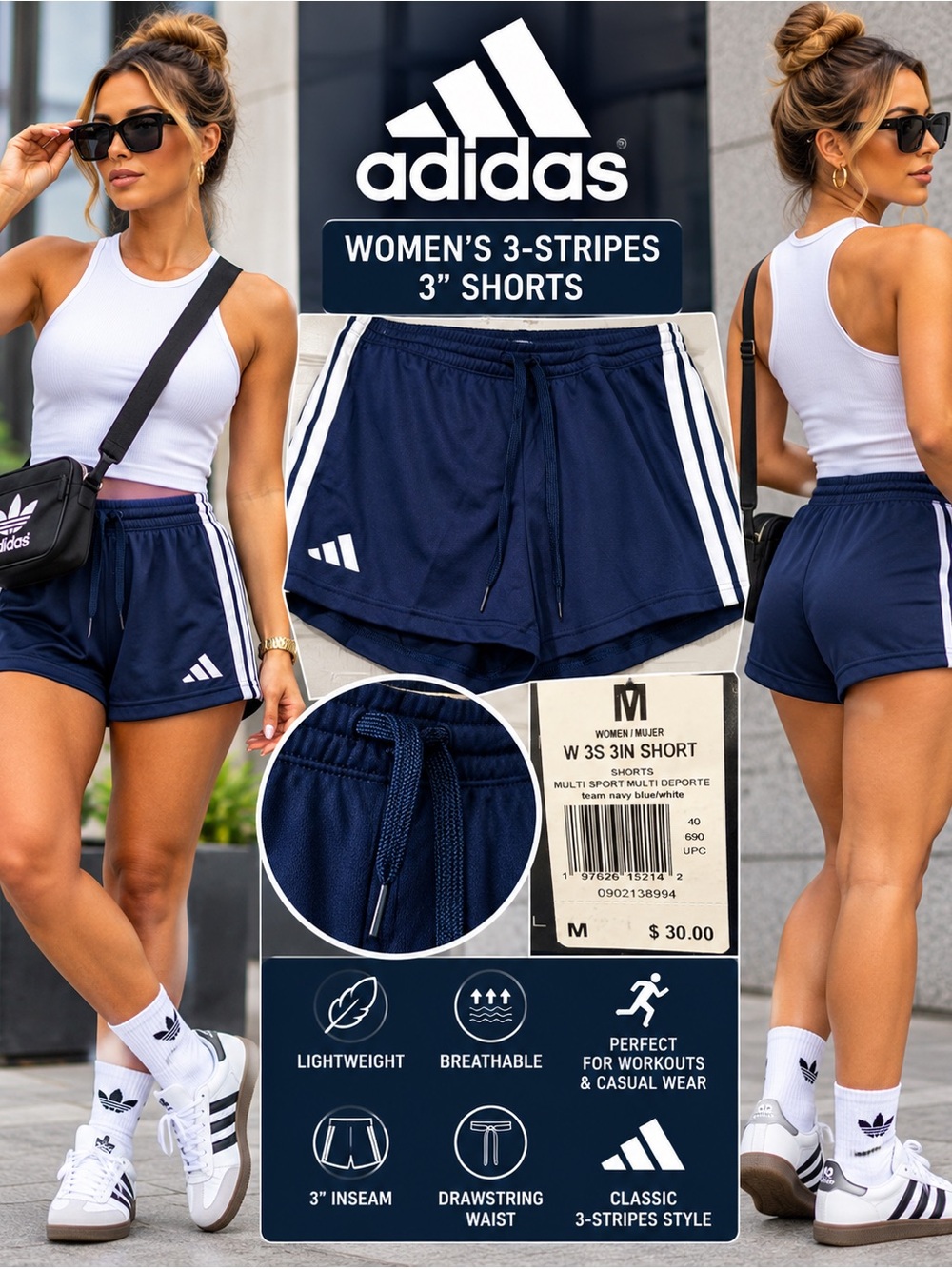 NWT Adidas Women’s 3-Stripes 3” Shorts Navy White Size M